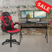 Flash Furniture BLN-X10D1904-RD-GG Black Gaming Desk and Red/Black Racing Chair Set with Cup Holder, Headphone Hook & 2 Wire Management Holes